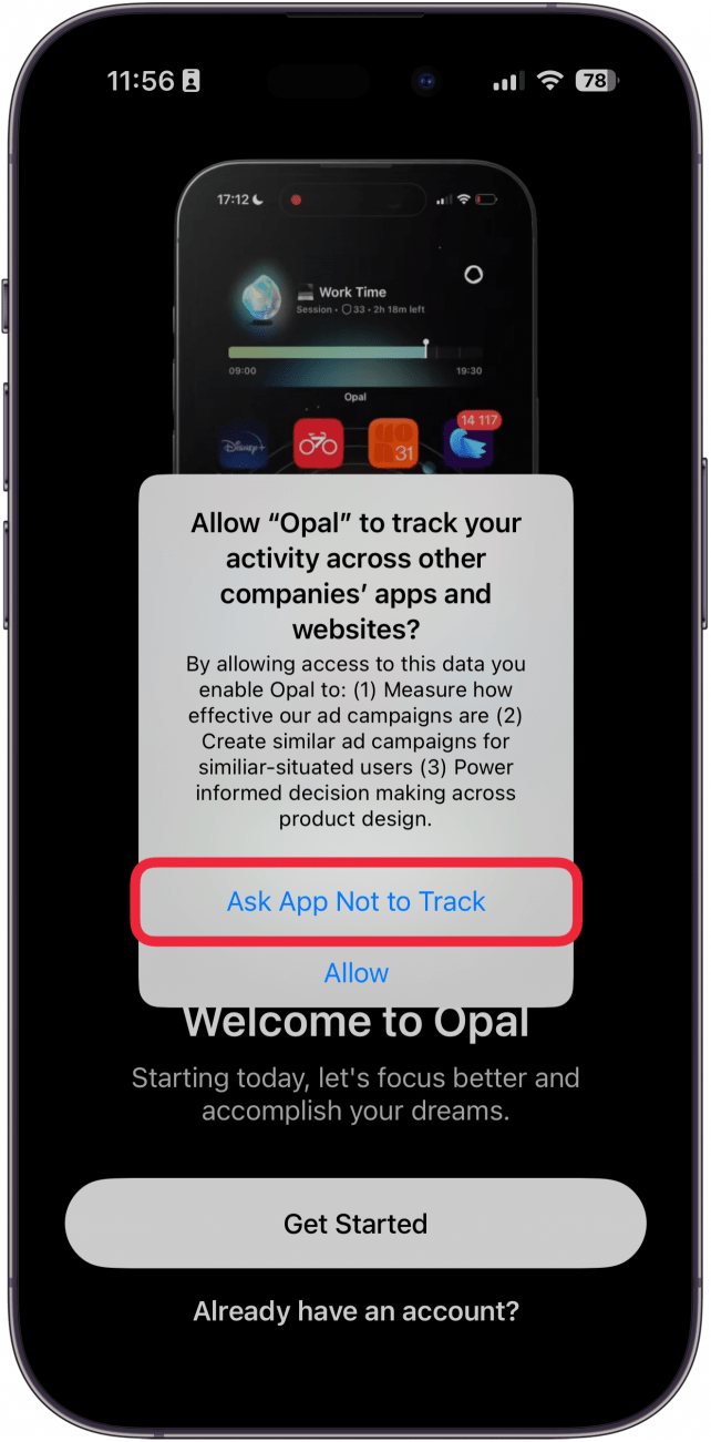 a screenshot of an iphone app with a pop up asking the user if they want to allow the app to track them with a red box around the ask app not to track button