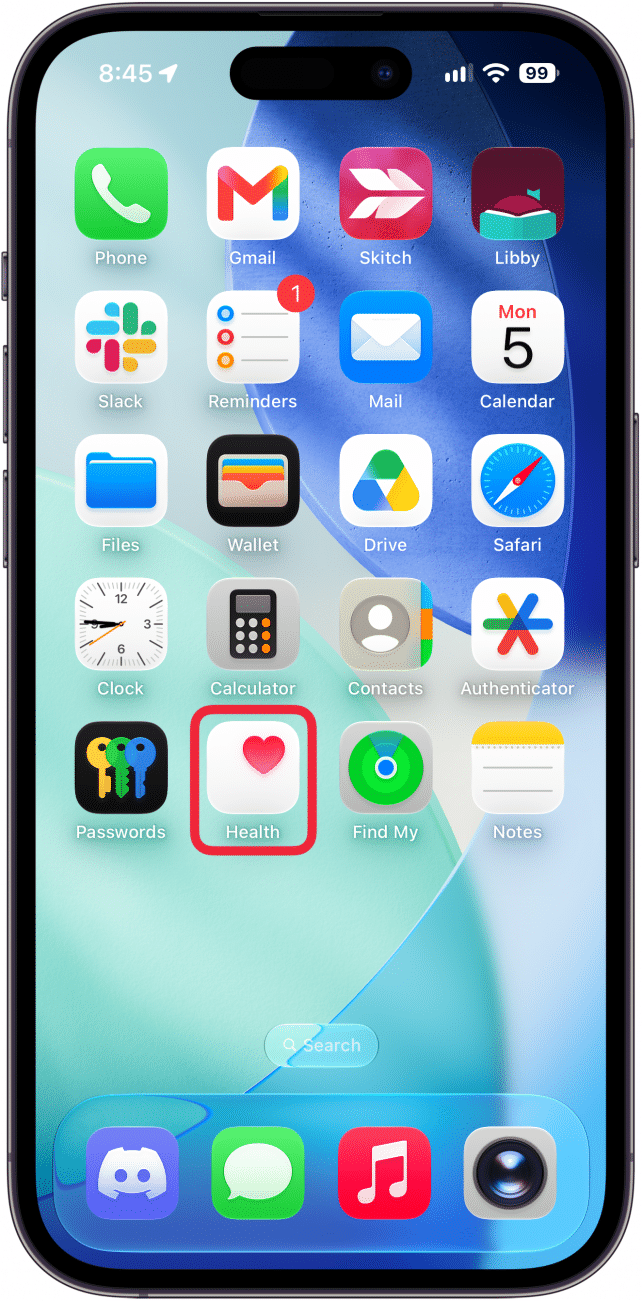 a screenshot of the iphone home screen with a red box around the health app