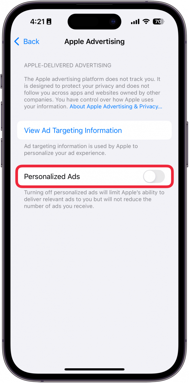 a screenshot of iphone settings with a red box around the personalized ads toggle