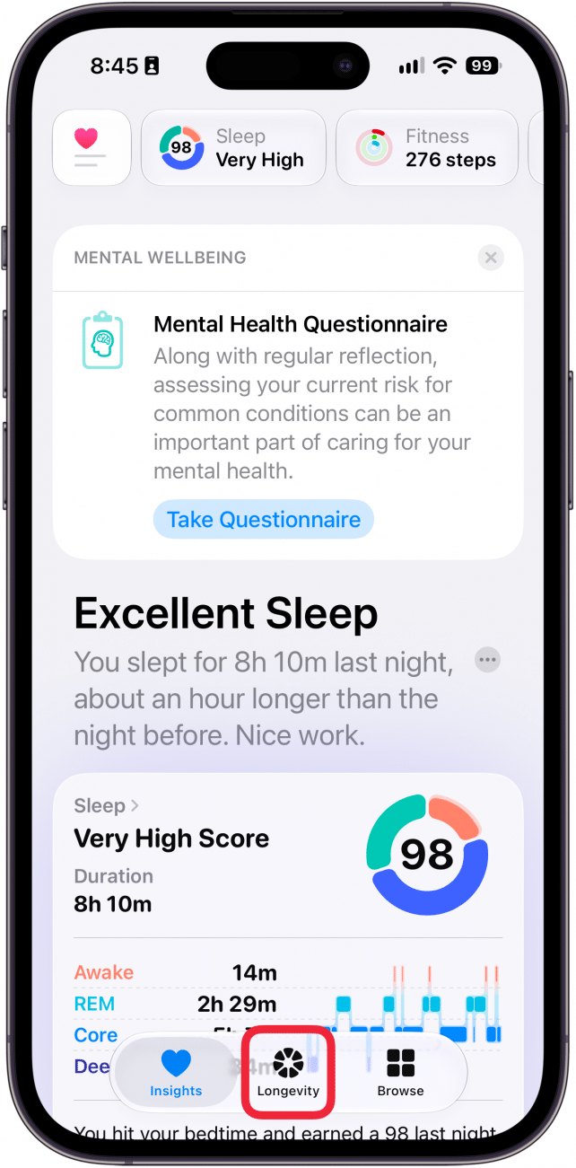 a screenshot of the health app on iphone with a red box around longevity