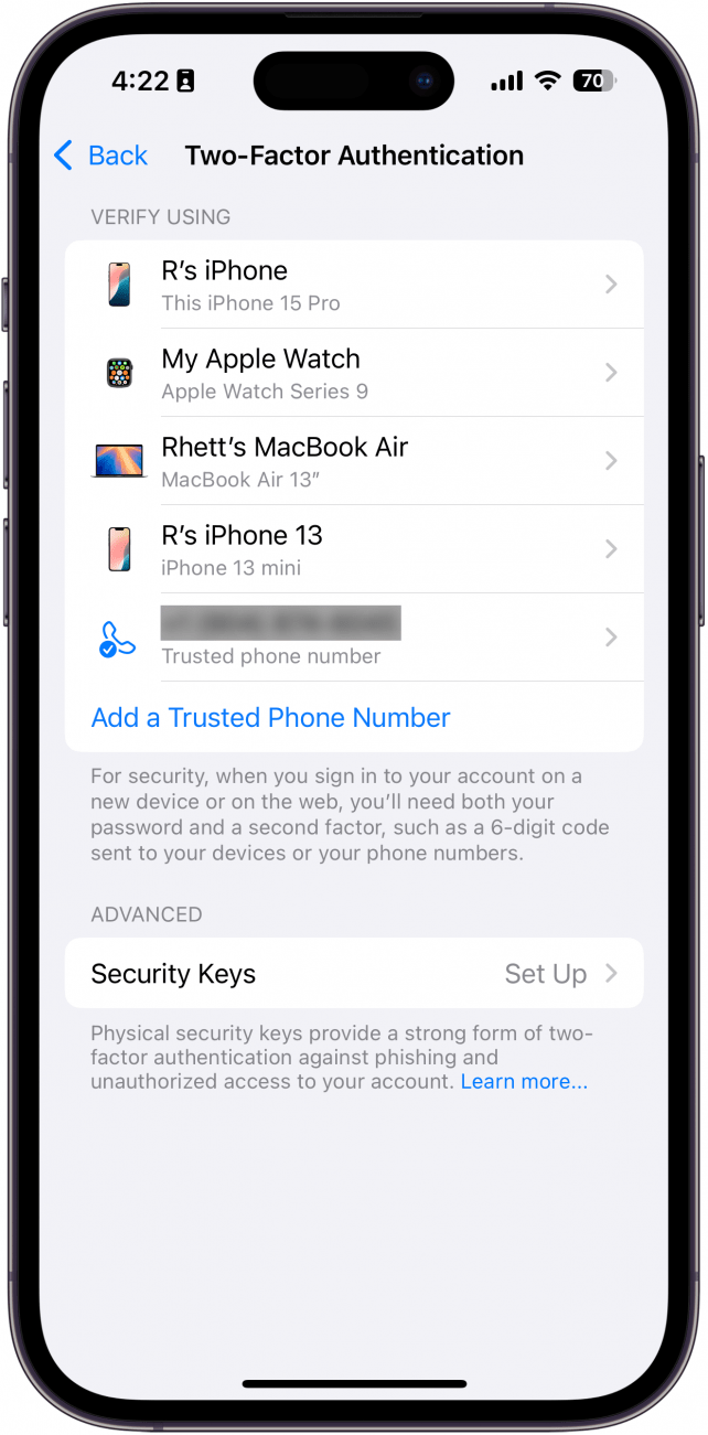 a screenshot of the iphone's apple account two-factor authentication settings