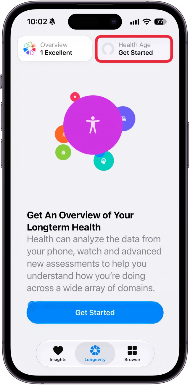 a screenshot of the health app on iphone displaying longevity with a red box around health age