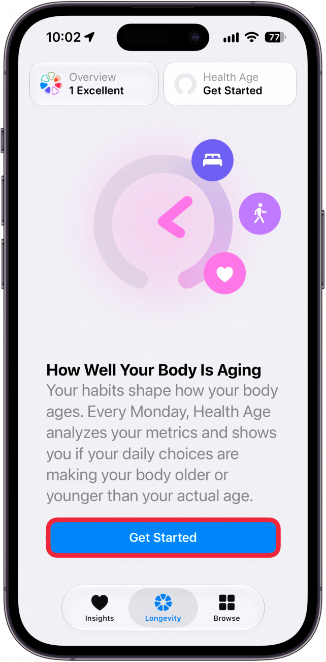 a screenshot of the health app on iphone displaying health age with a red box around get started
