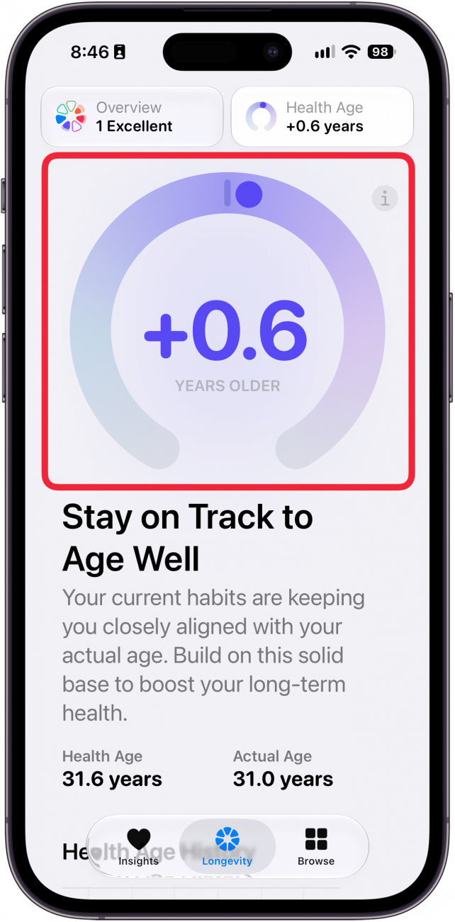 a screenshot of the health app on iphone displaying health age with a red box around the health age