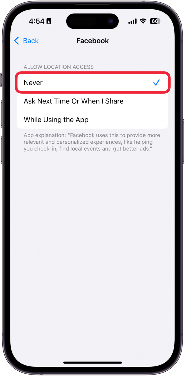 a screenshot of the facebook iphone app's location settings with a red box around the never option