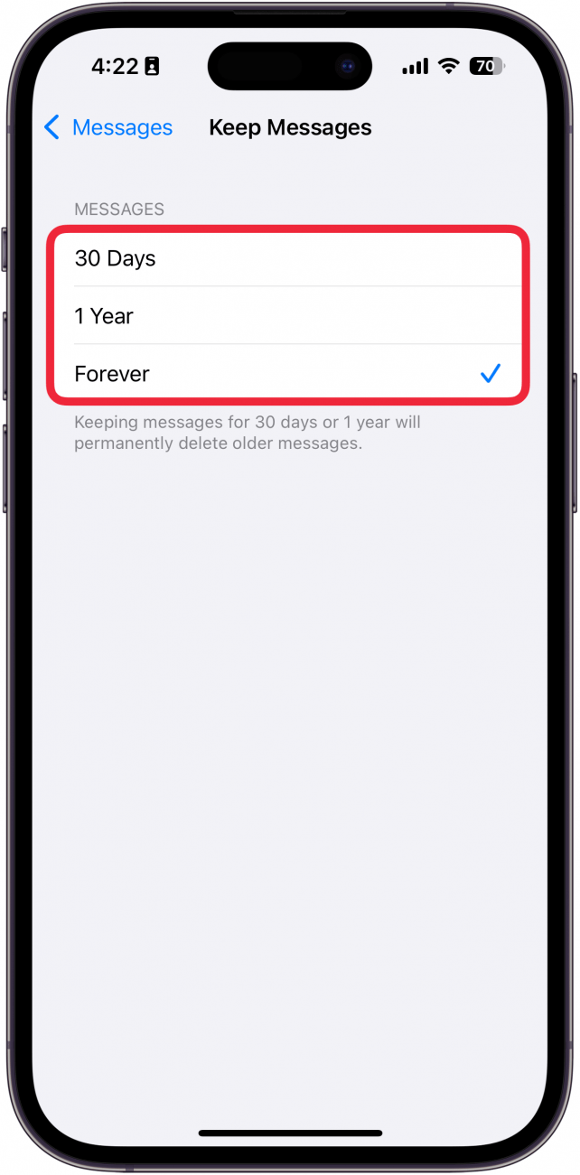 a screenshot of the iphone message app keep message settings with a red box around the options for 30 days, 1 year, and forever