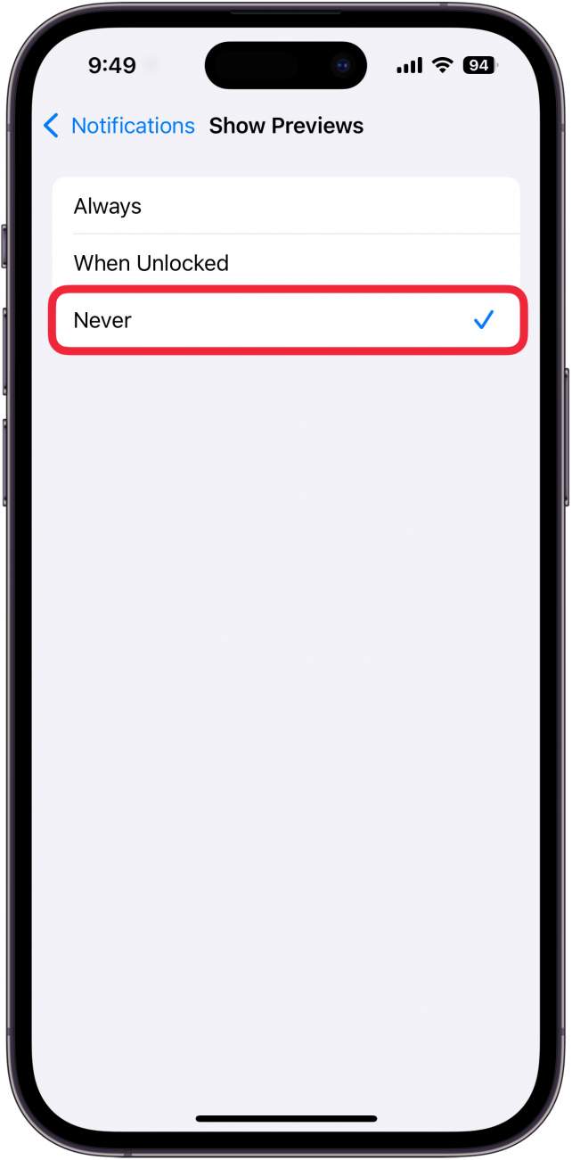 a screenshot of iphone notification preview settings with a red box around never