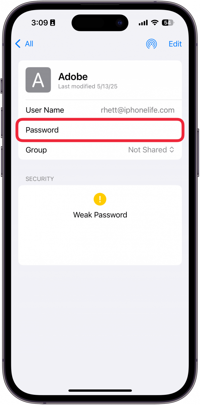 iphone passwords app displaying password details with a red box around password field