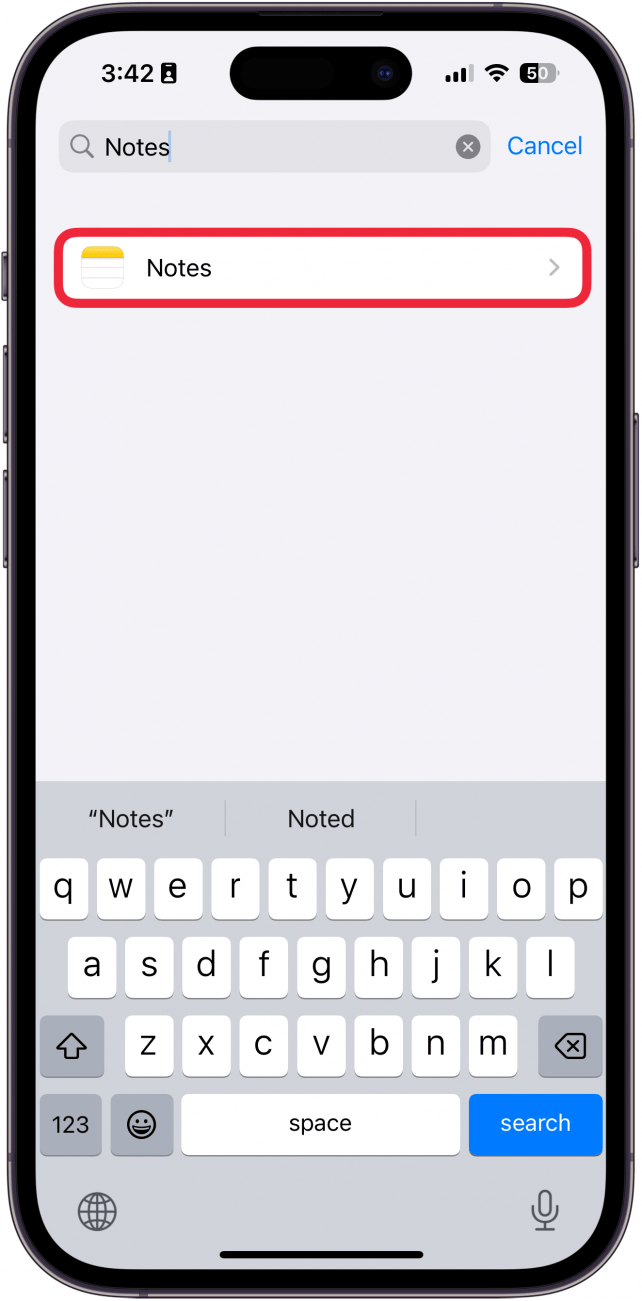 a screenshot of iphone settings app displaying apps with a red box around notes app