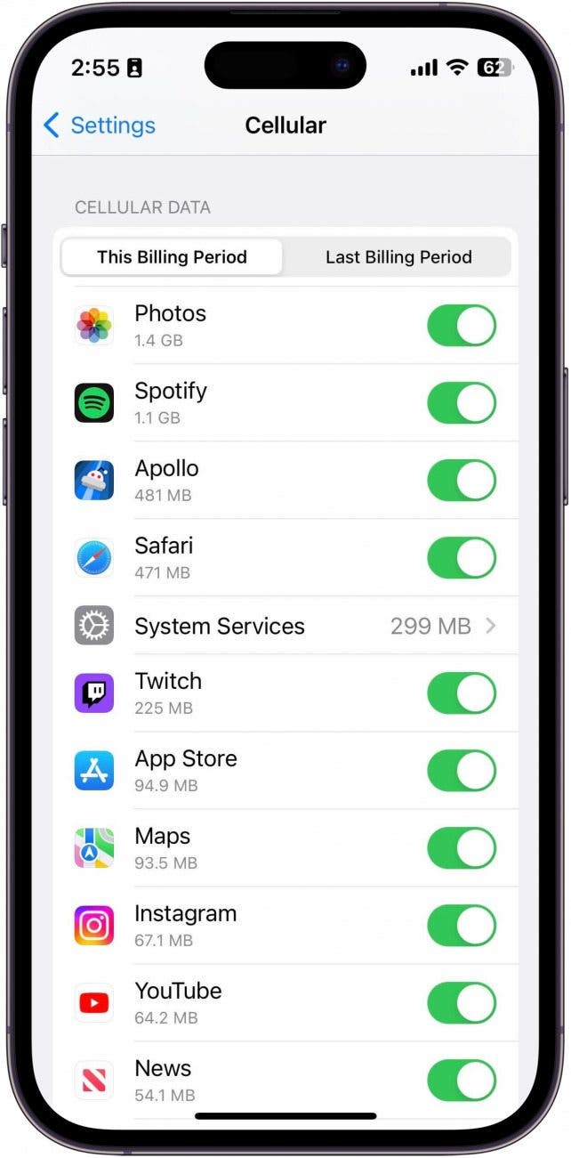 Scroll down to the Cellular Data section. Each app you have will be listed, and the amount of cellular data used will be shown below each app.