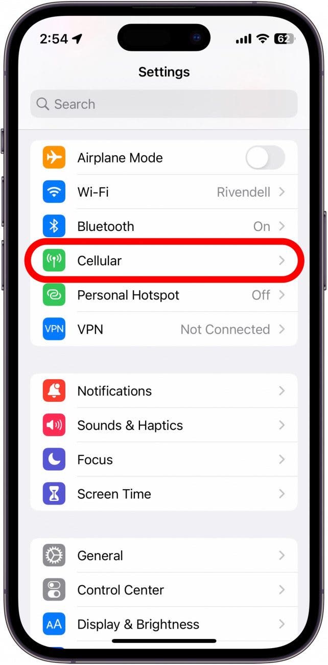 Open the Settings app, and tap Cellular.