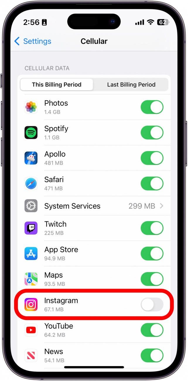 Using the toggle, turn off apps using unnecessary mobile data.
