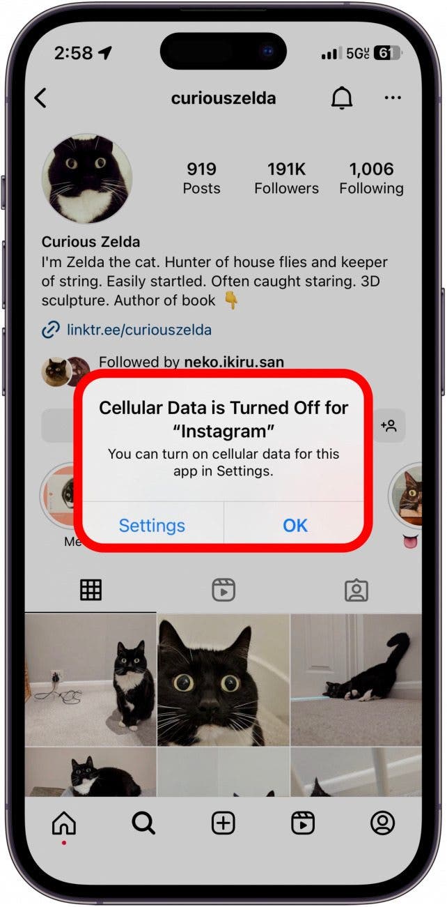 Now when I try to use Instagram outside of Wi-Fi, my iPhone will let me know it can’t because I have cellular turned off for the app.