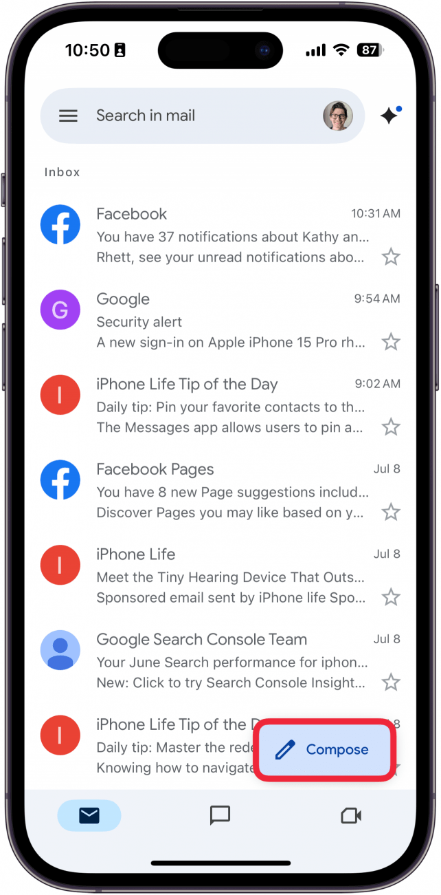 a screenshot of the iphone gmail app with a red box around the compose button
