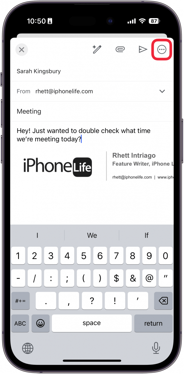a screenshot of the iphone gmail app displaying a new email screen with a red box around the three dot more button