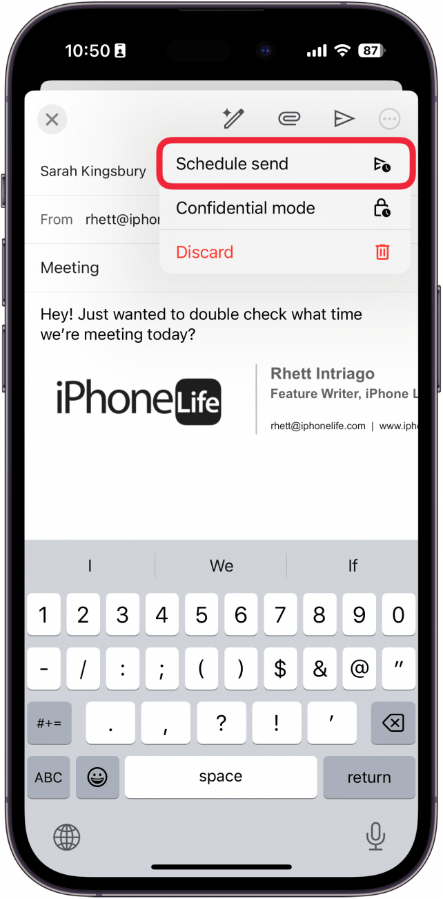 a screenshot of the iphone gmail app displaying a new email screen with a red box around the schedule send button