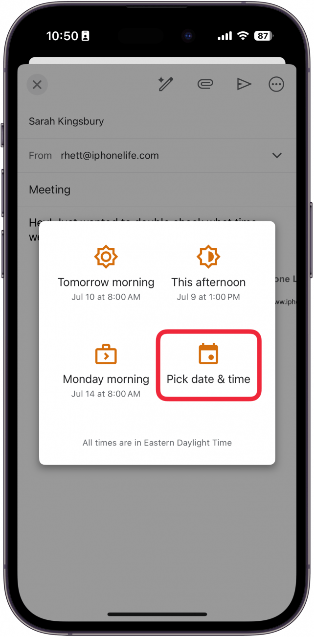 a screenshot of the iphone gmail app displaying schedule options