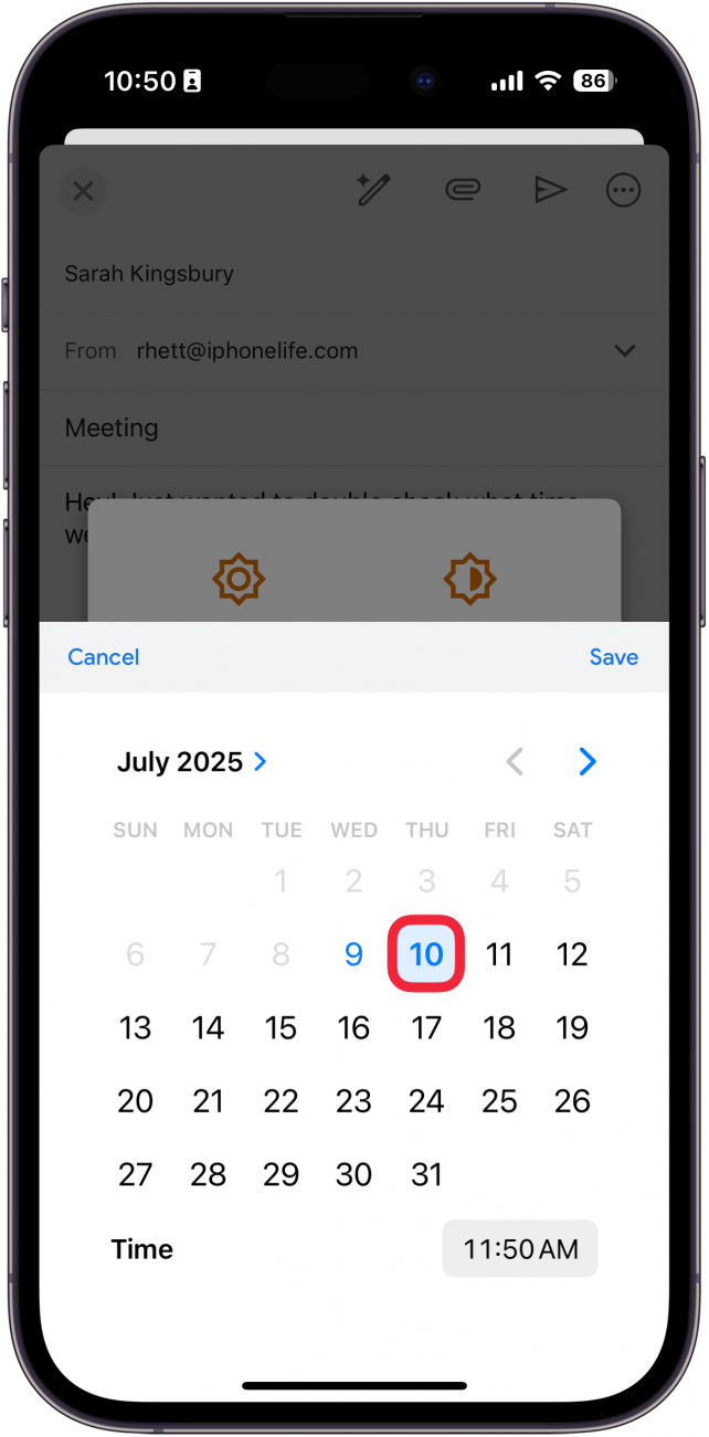 a screenshot of the iphone gmail app displaying a calendar with with a red box around the next day