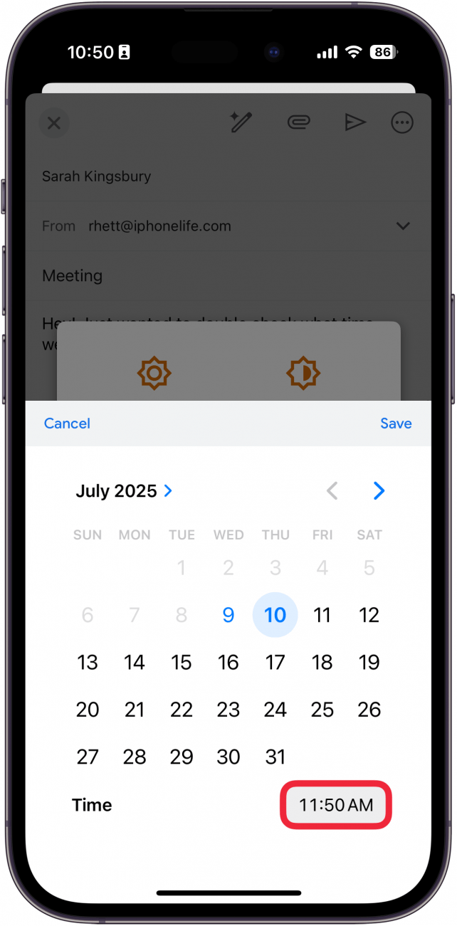 a screenshot of the iphone gmail app displaying a calendar with with a red box around the time