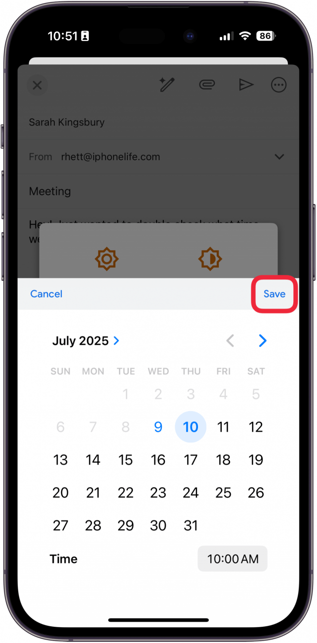 a screenshot of the iphone gmail app displaying a calendar with with a red box around save