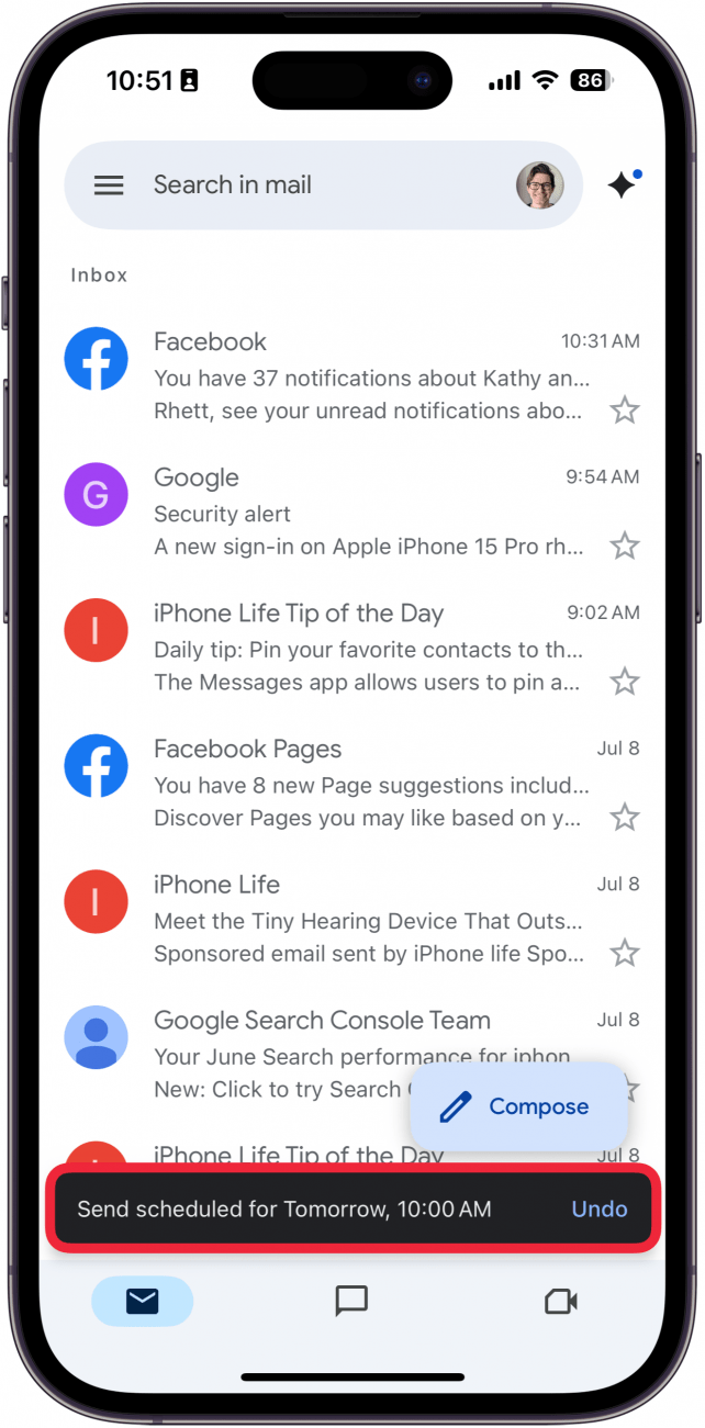 a screenshot of the iphone gmail app displaying a banner at the bottom of the screen, letting the user know that the email has been scheduled with an option to undo the action