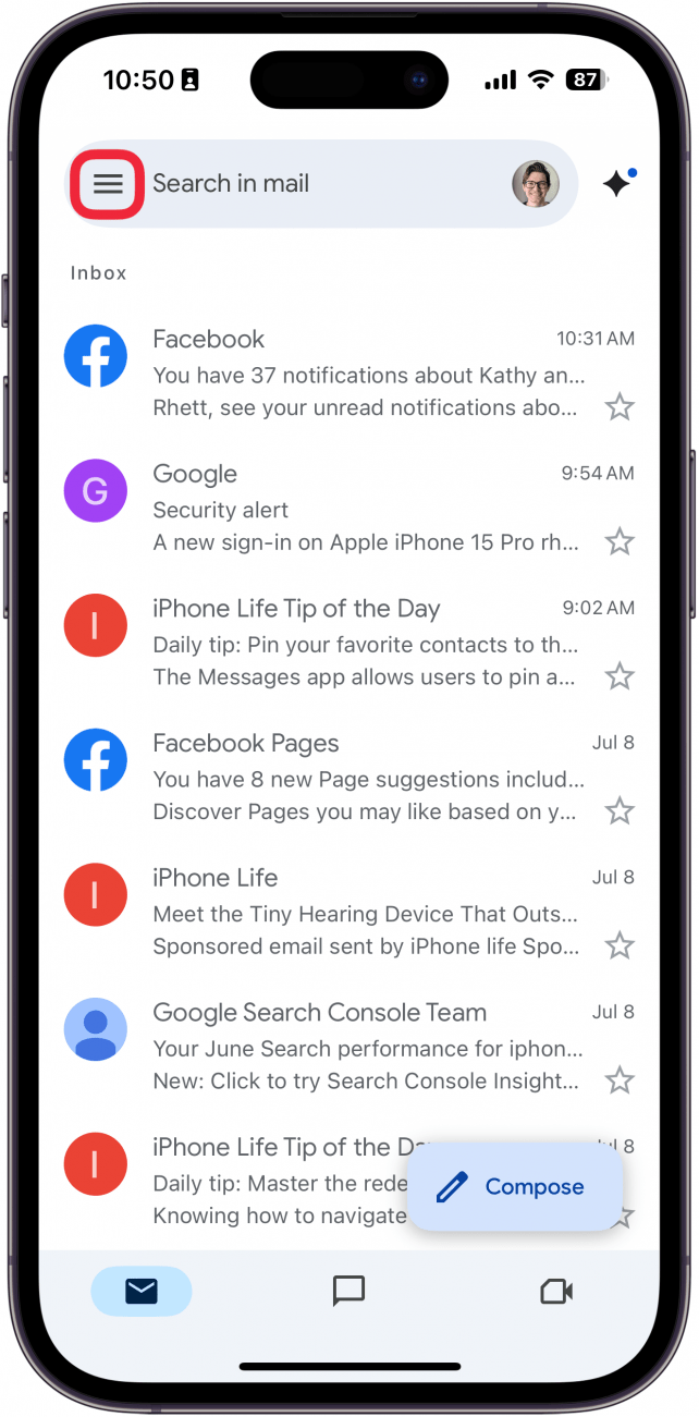 a screenshot of the iphone gmail app with a red box around the hamburger menu button in the upper left corner