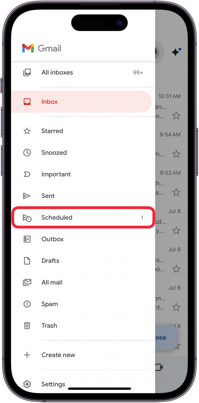 a screenshot of the iphone gmail app displaying the menu with a red box around Scheduled