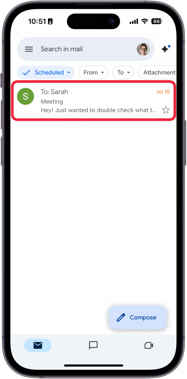 a screenshot of the iphone gmail app displaying scheduled emails with a red box around one