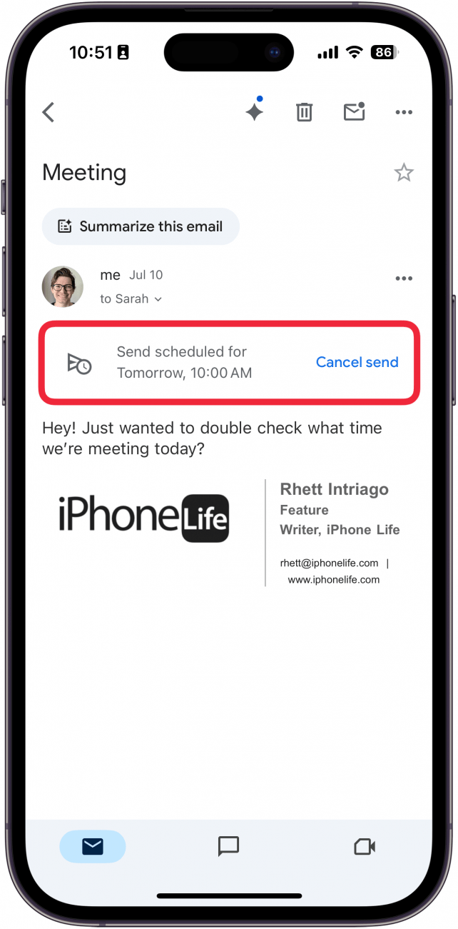 a screenshot of the iphone gmail app displaying a scheduled email with a red box around the cancel send button