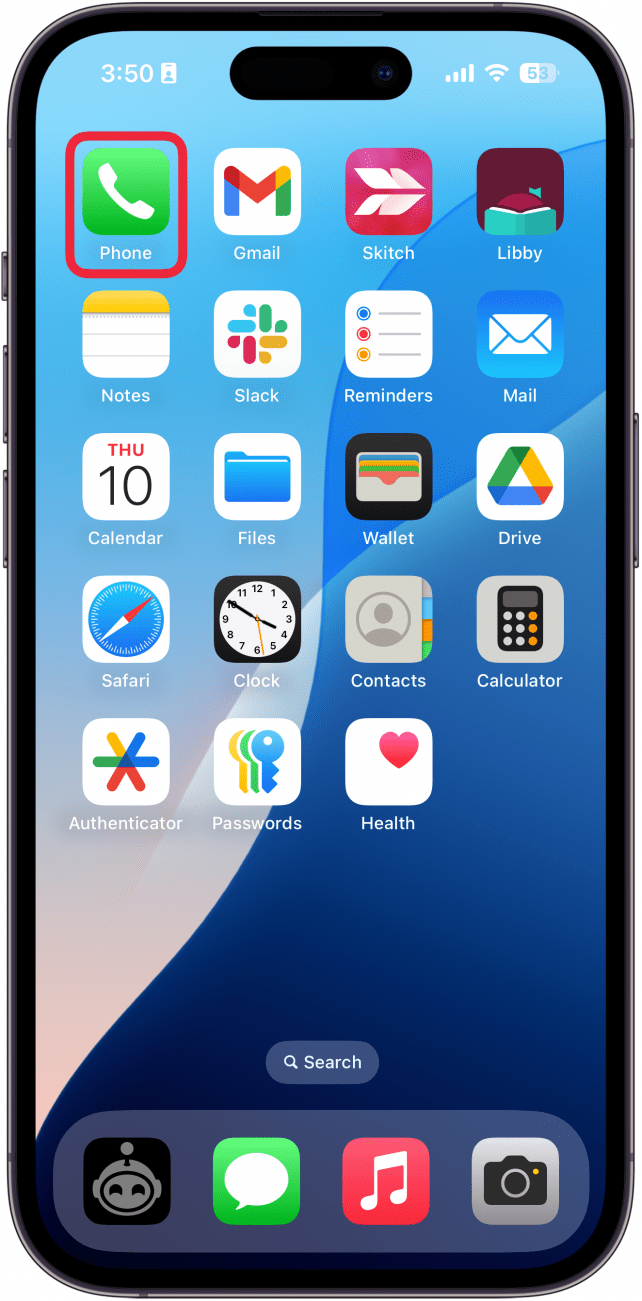 a screenshot of an iphone home screen with a red box around the phone app