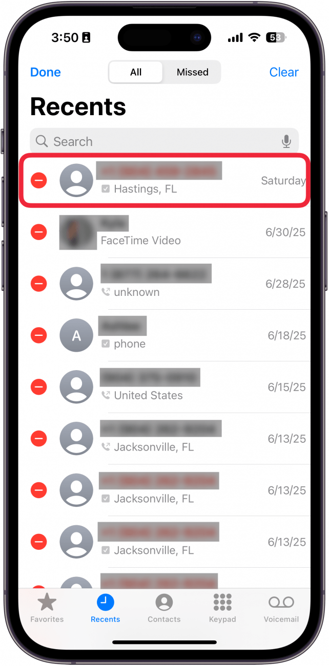 a screenshot of the iphone's phone app with a red box around the first call with a red minus sign next to it