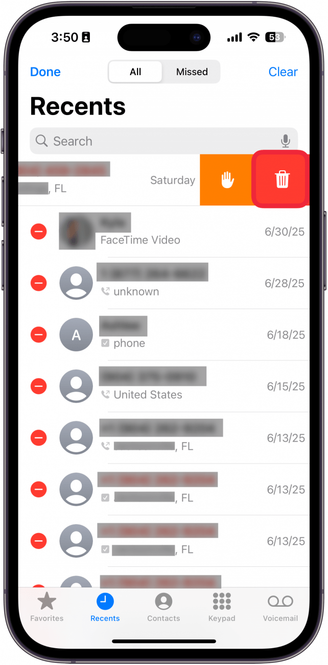 a screenshot of the iphone's phone app with a red box around the trash can icon
