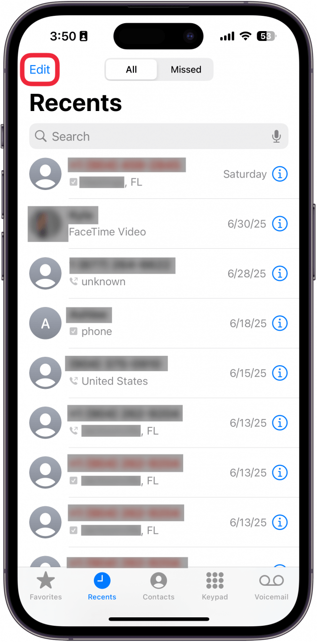 a screenshot of the iphone's phone app with a red box around the edit button