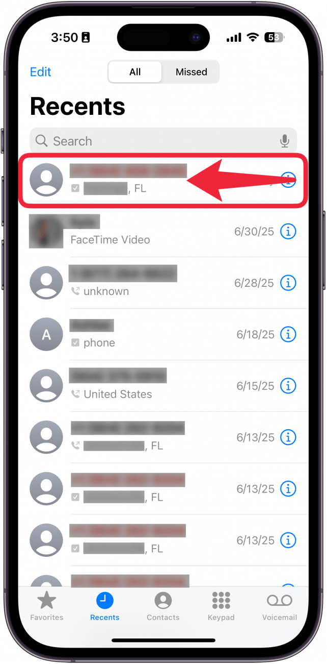 a screenshot of the iphone's phone app with a red box around the first call with a red arrow pointing to the left, indicating to swipe left
