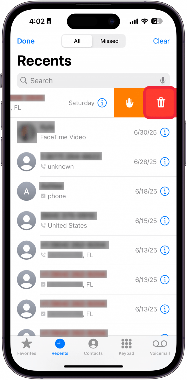 a screenshot of the iphone's phone app with a red box around the trash can icon