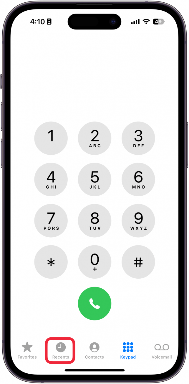 a screenshot of the iphone's phone app displaying the keypad with a red box around the recents tab