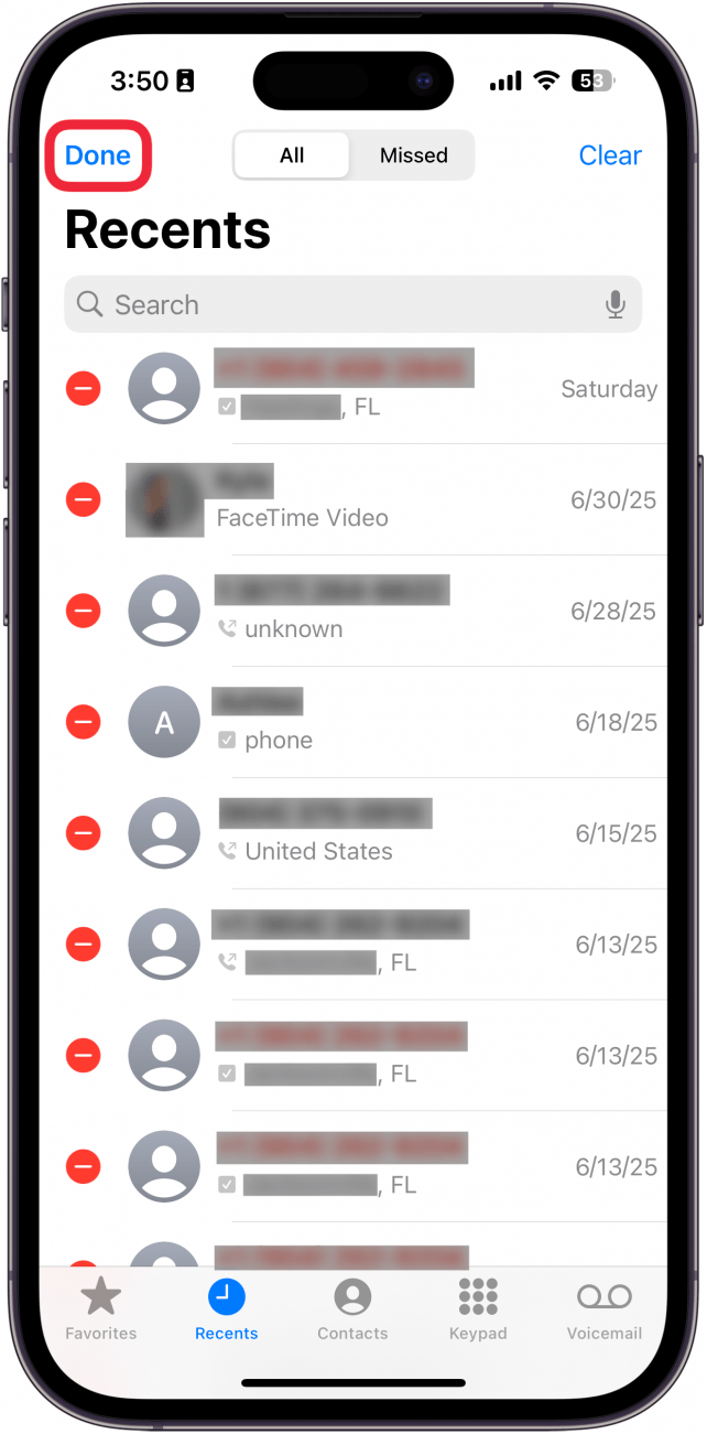a screenshot of the iphone's phone app with red minus signs next to all the calls and a red box around the done button