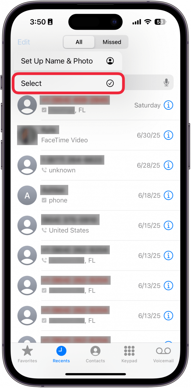 a screenshot of the iphone's phone app displaying a menu with the option Select outlined in red