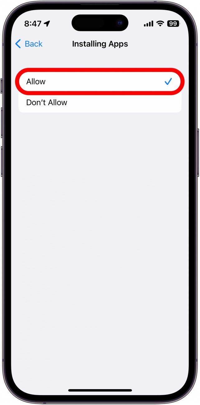 Нажмите «Разрешить», если этот параметр еще не выбран.