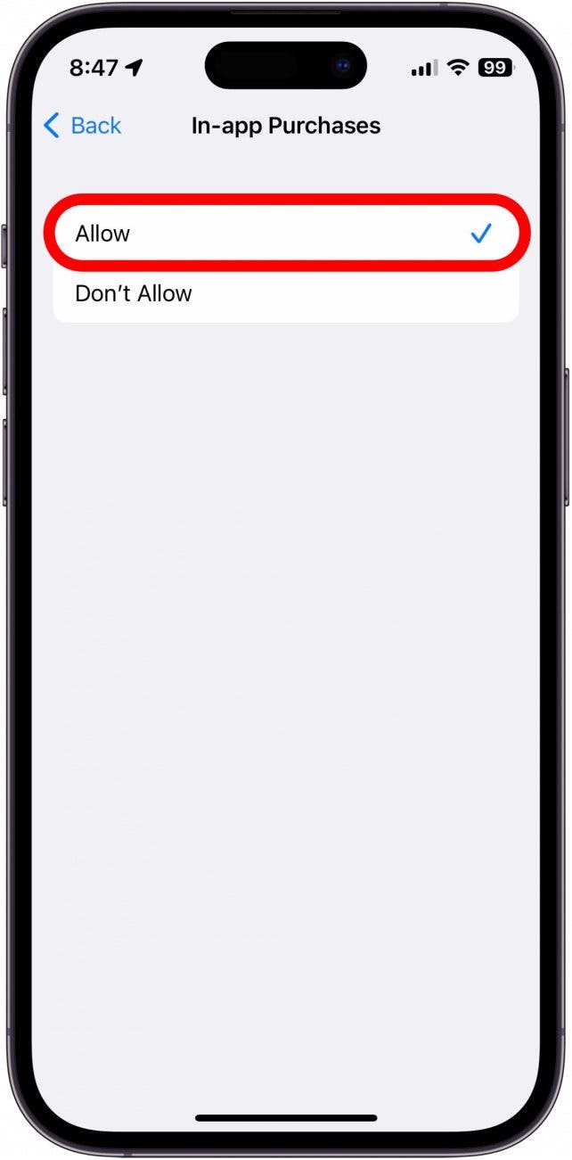 Нажмите «Разрешить», если он еще не выбран.