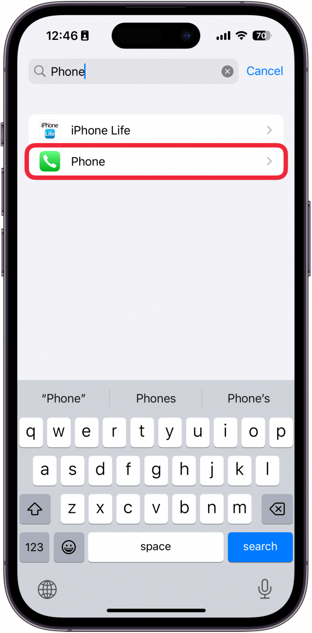 a screenshot of the iphone settings app displaying a list of apps with a red box around the phone app