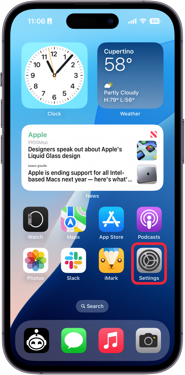 a screenshot of the iphone home screen with a red box around the settings app