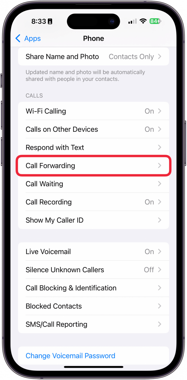 a screenshot of iphone phone settings with a red box around call forwarding