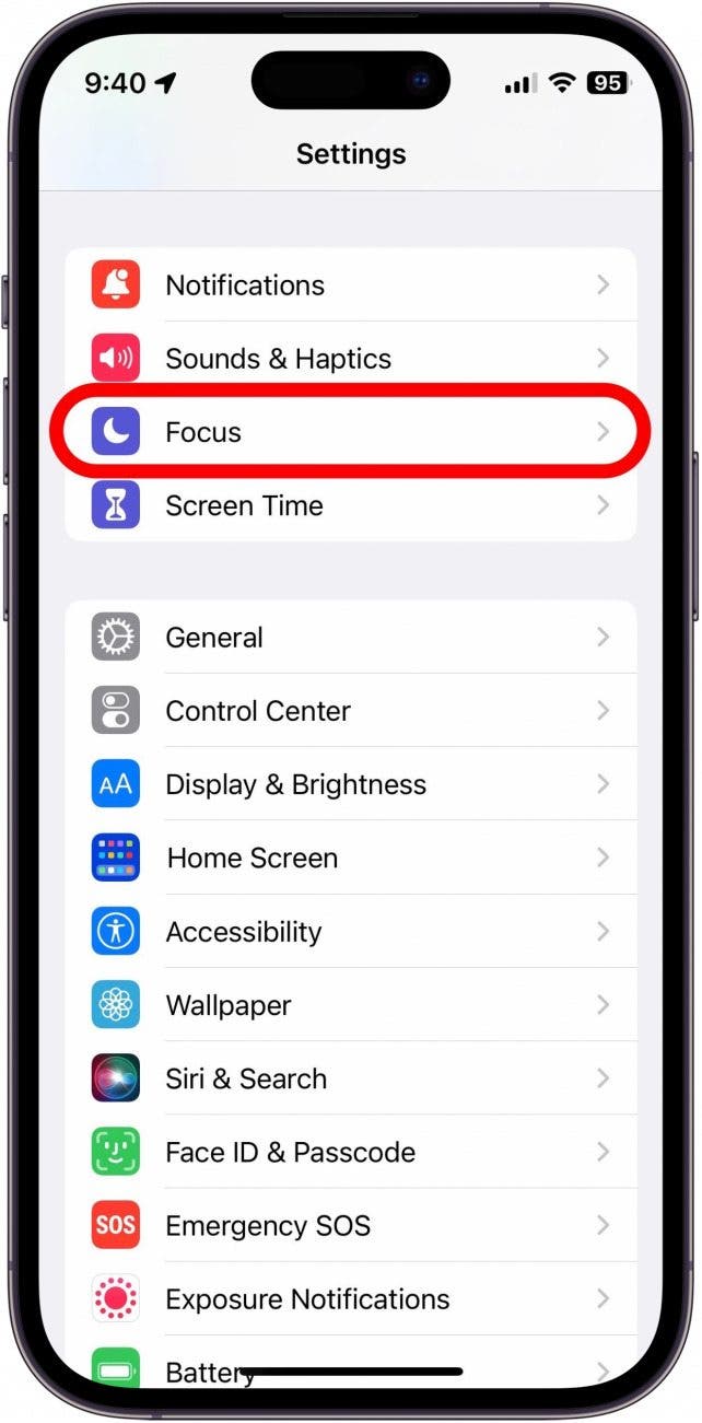 On your iPhone, open Settings and tap Focus.