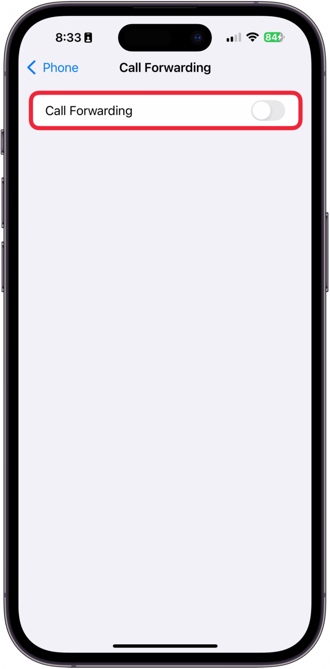 a screenshot of iphone call forwarding settings with a red box around the call forwarding toggle