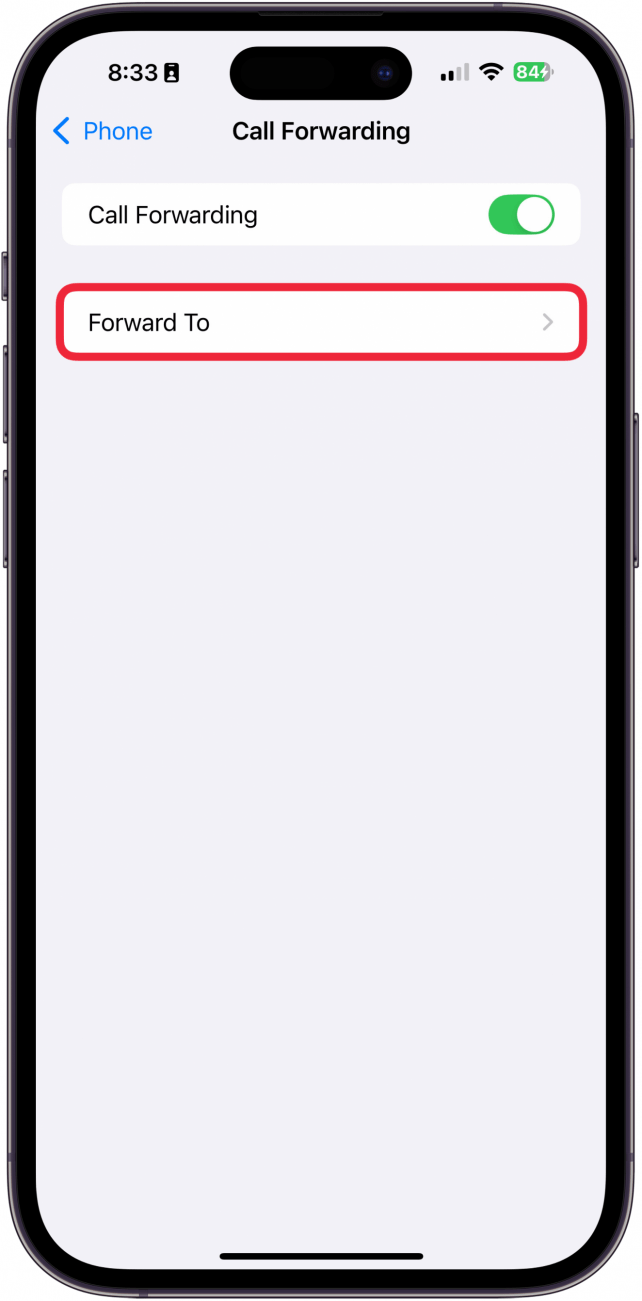 a screenshot of iphone call forwarding settings with a red box around forward to