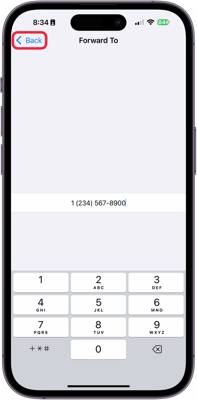a screenshot of iphone call forwarding settings with a red box around the back button