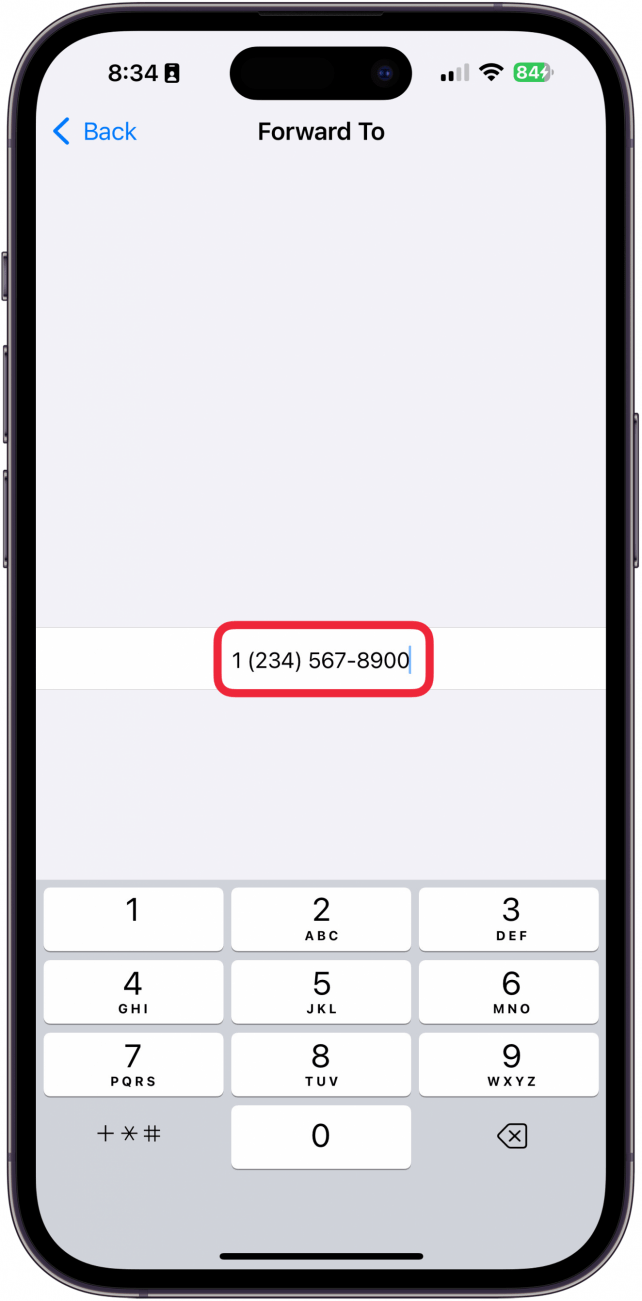 a screenshot of iphone call forwarding settings with a red box around a typed out phone number