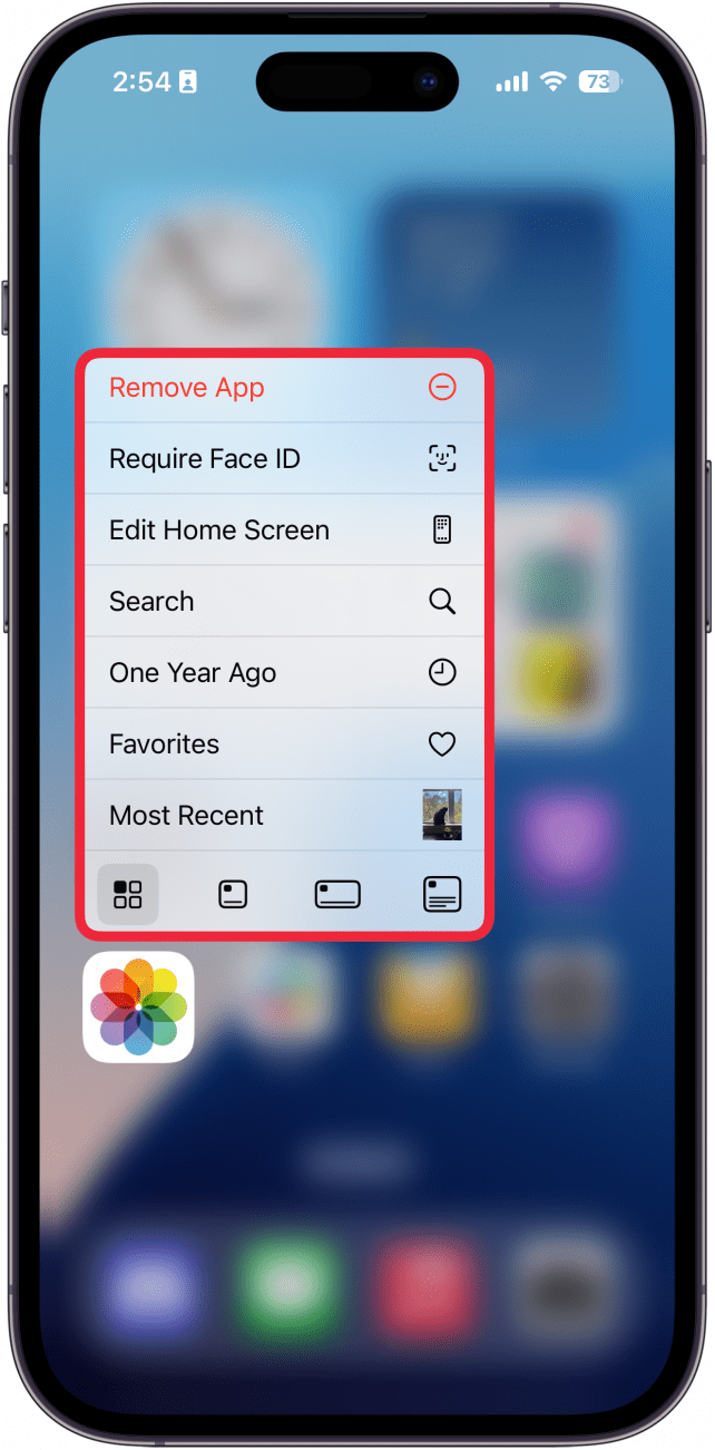 a screenshot of the iphone's home screen displaying a menu expanding from the photos app, with a red box around it