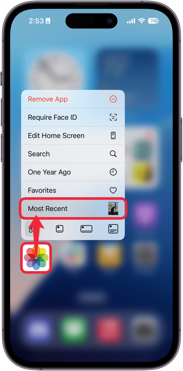a screenshot of the iphone's home screen displaying a menu expanding from the photos app with a red box around the most recent option
